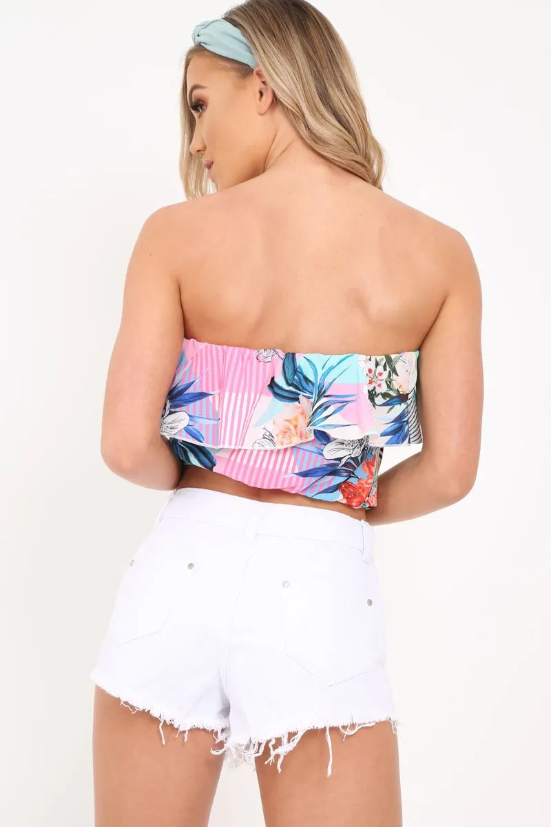 Multi Floral Ruffle Bardot Crop Top - Tiffany