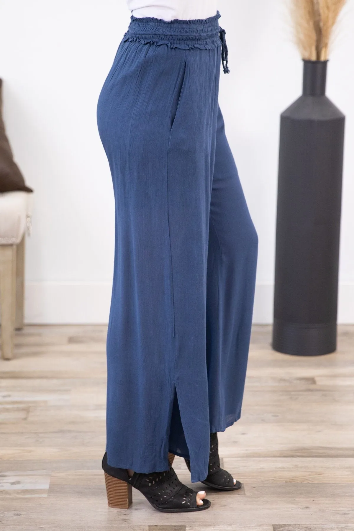 Navy Smocked Waist Pull On Pant