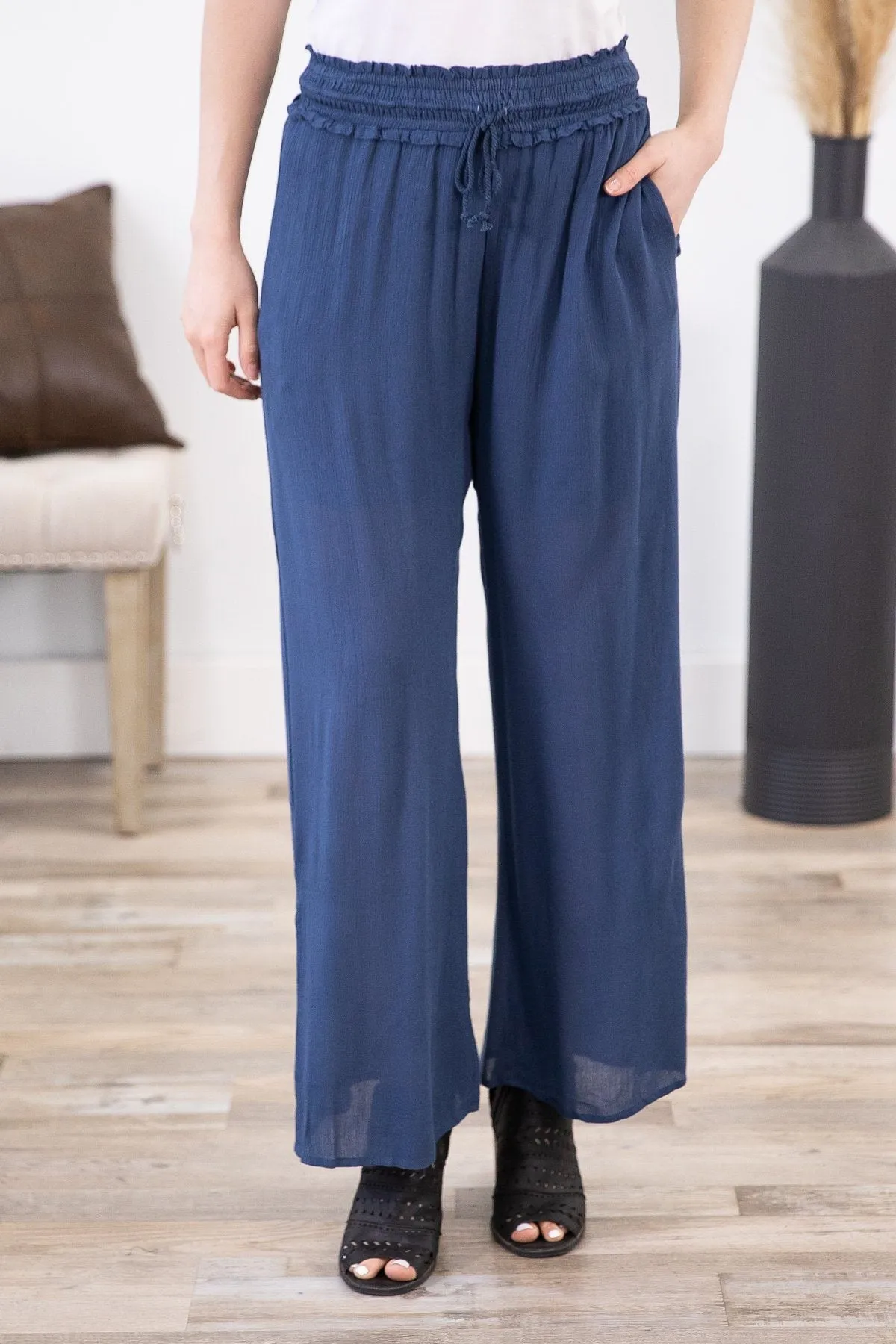 Navy Smocked Waist Pull On Pant