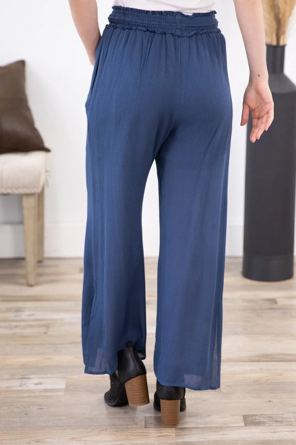 Navy Smocked Waist Pull On Pant