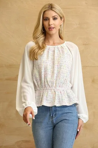 Off White Tweed & Chiffon Peplum Blouse