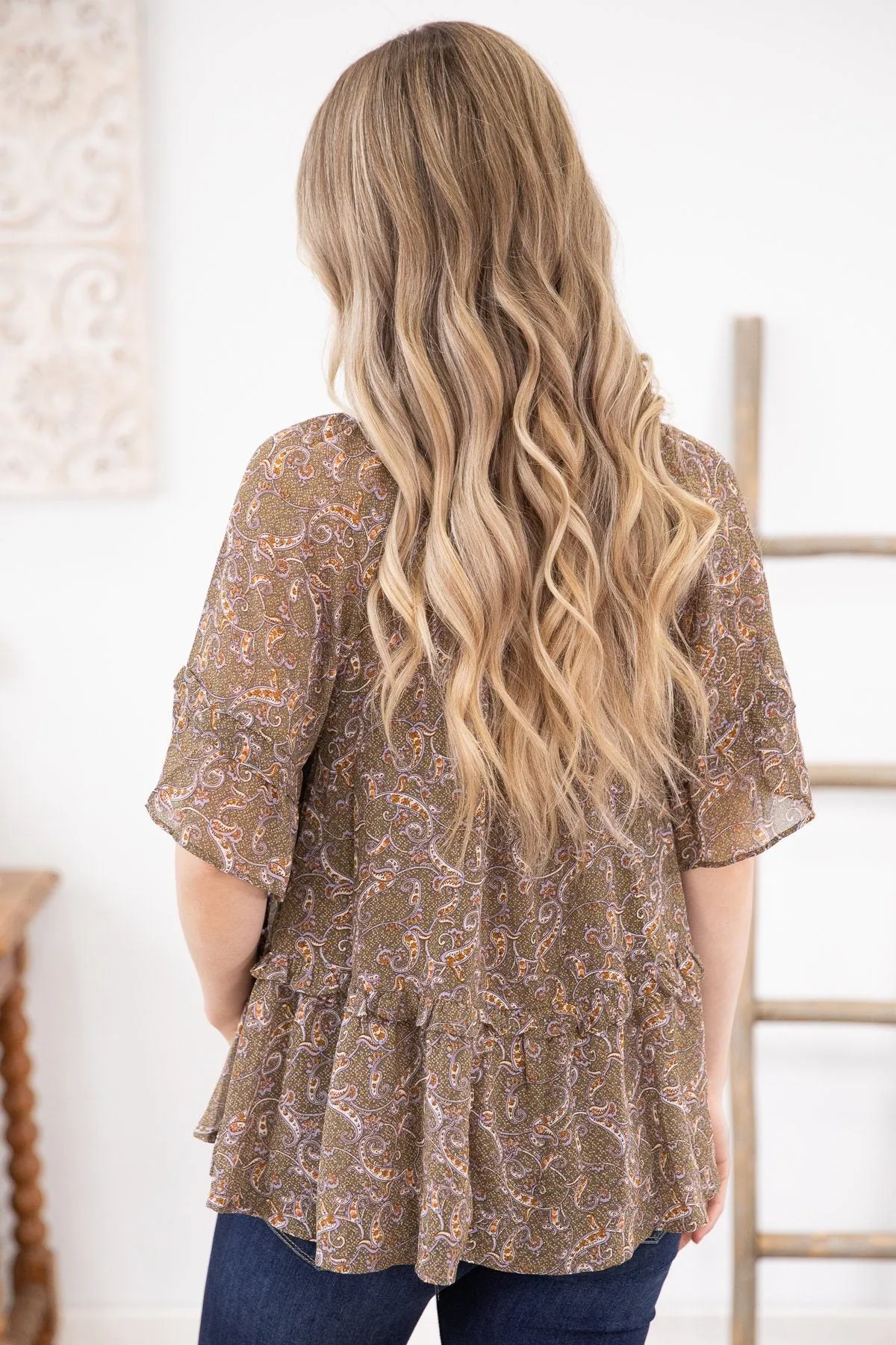 Olive Paisley Print Ruffle Detail Top