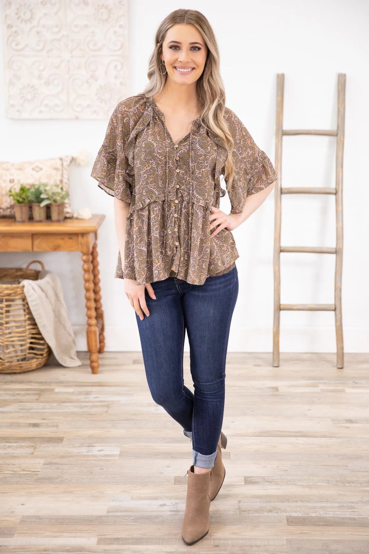 Olive Paisley Print Ruffle Detail Top