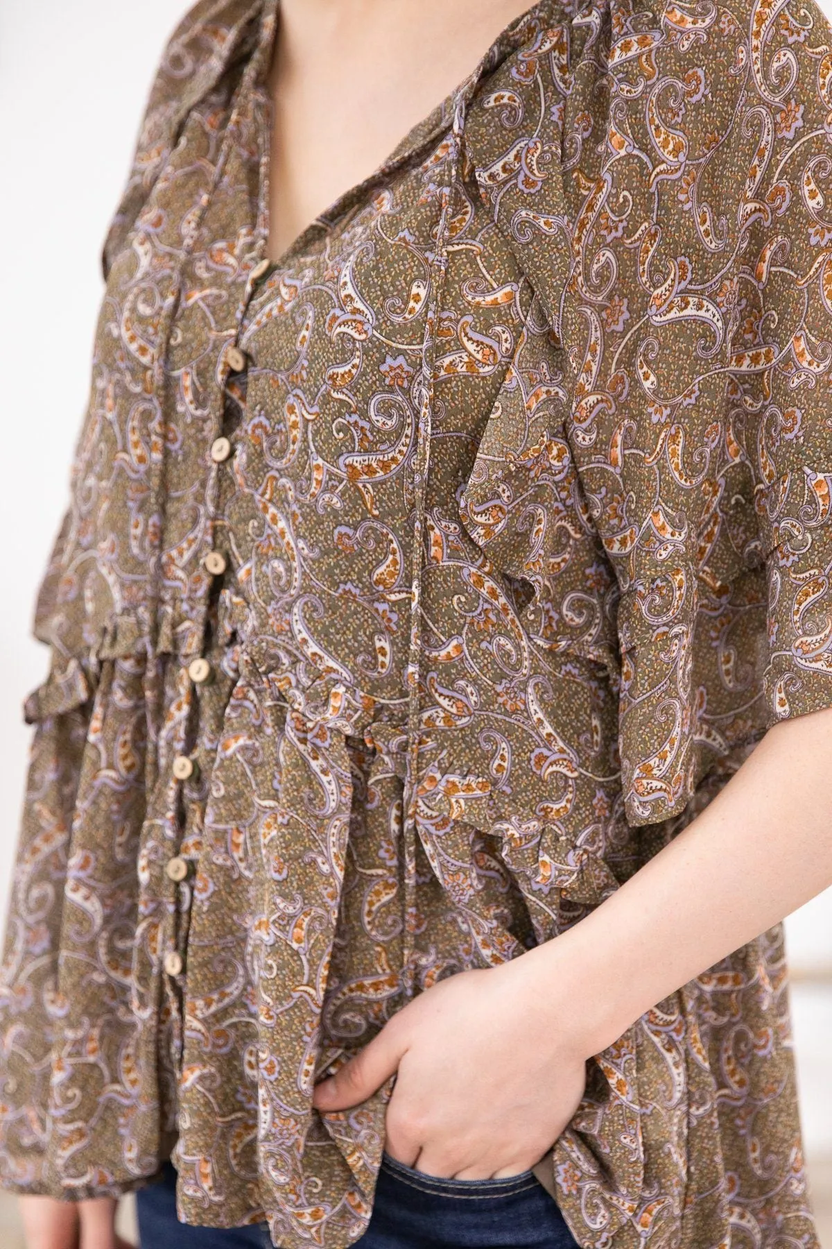Olive Paisley Print Ruffle Detail Top