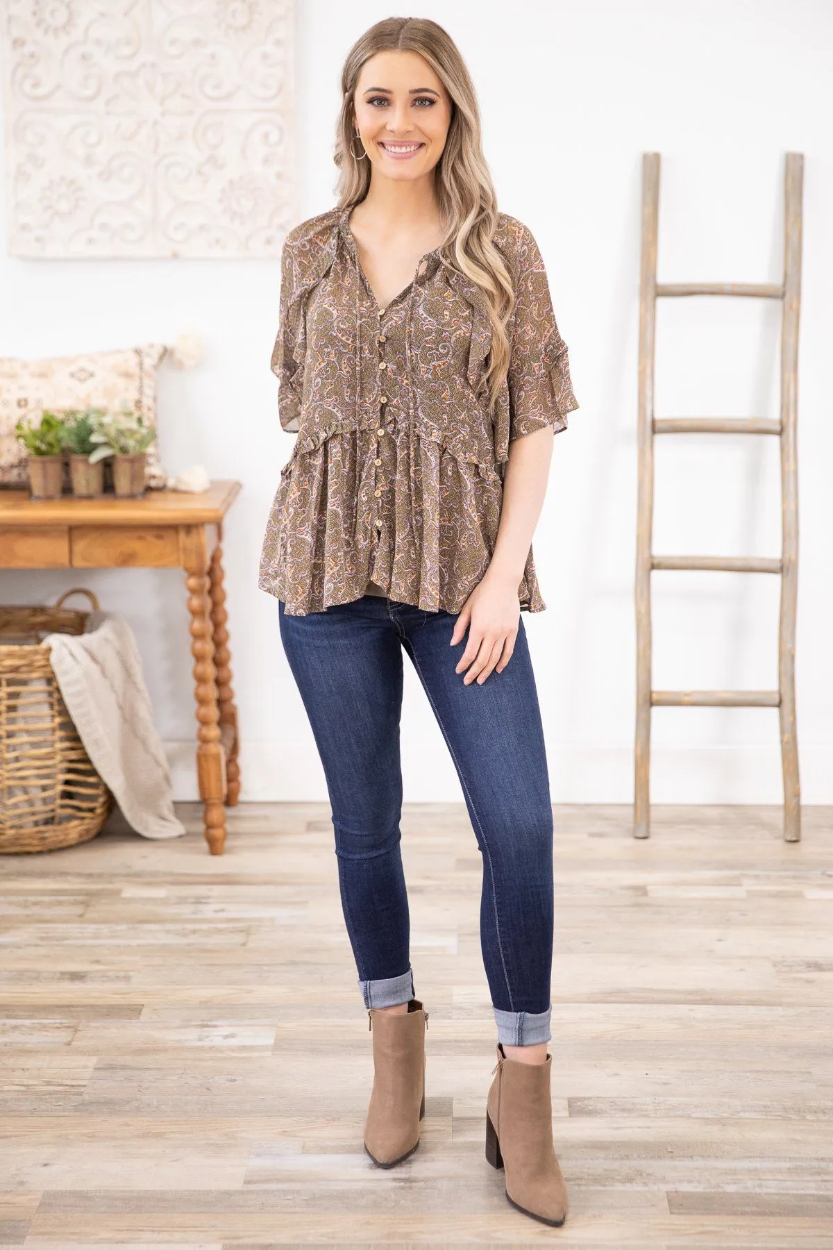 Olive Paisley Print Ruffle Detail Top