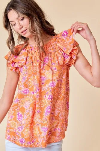 Orange   Plum Print Double Ruffle Tank
