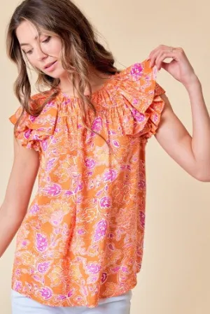 Orange   Plum Print Double Ruffle Tank