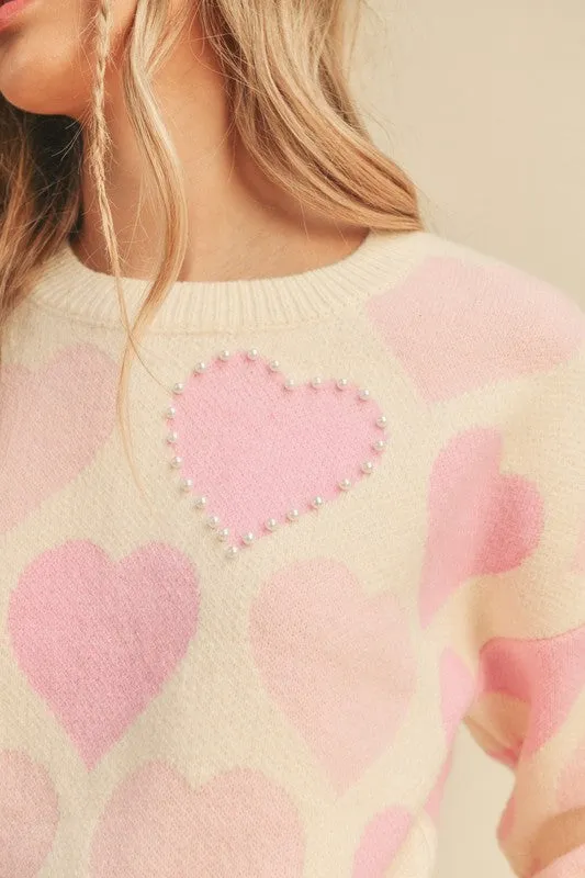 Pearl Embellished Heart Sweater