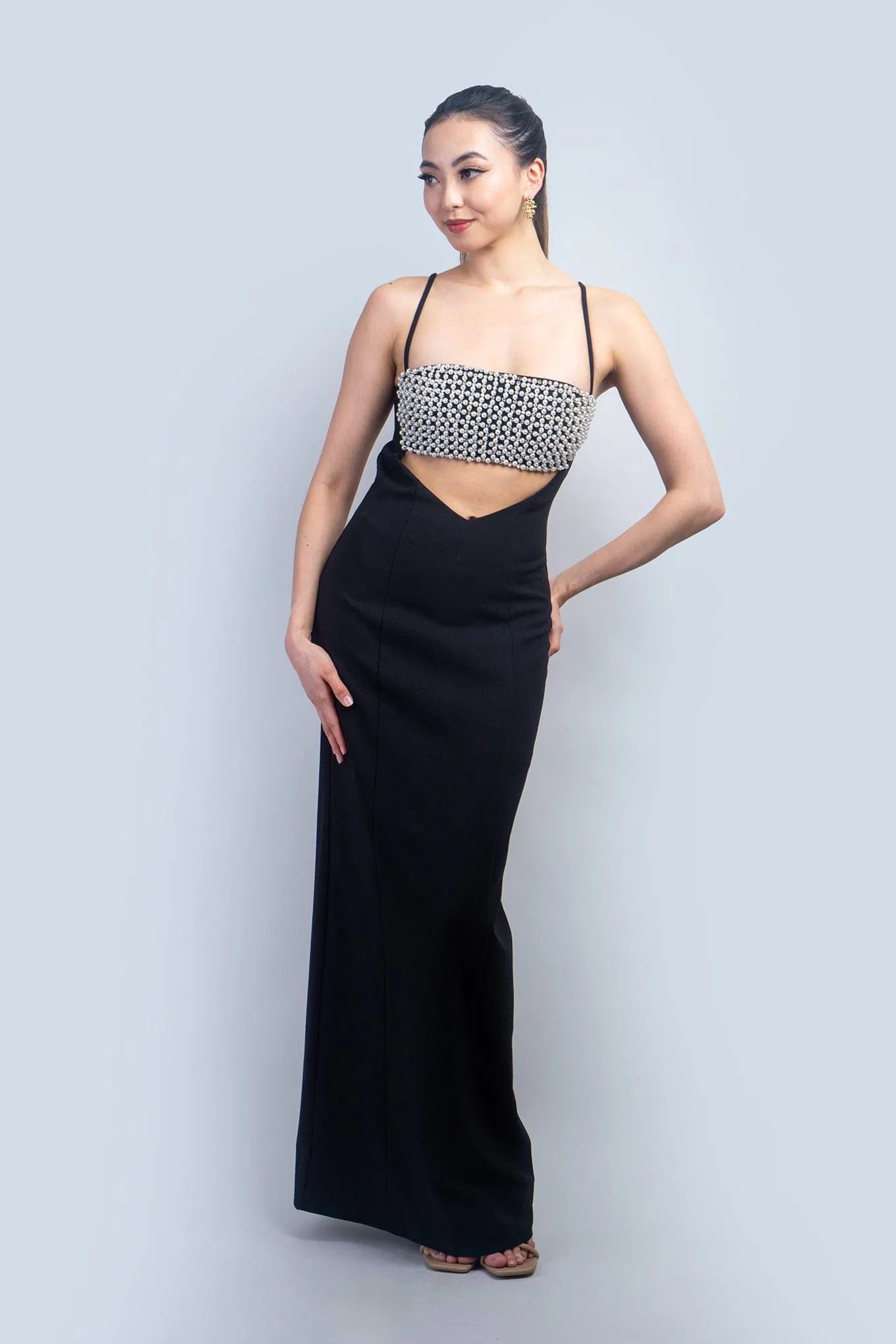 Pearl Rhinestone Bust Cut Out Black Gown