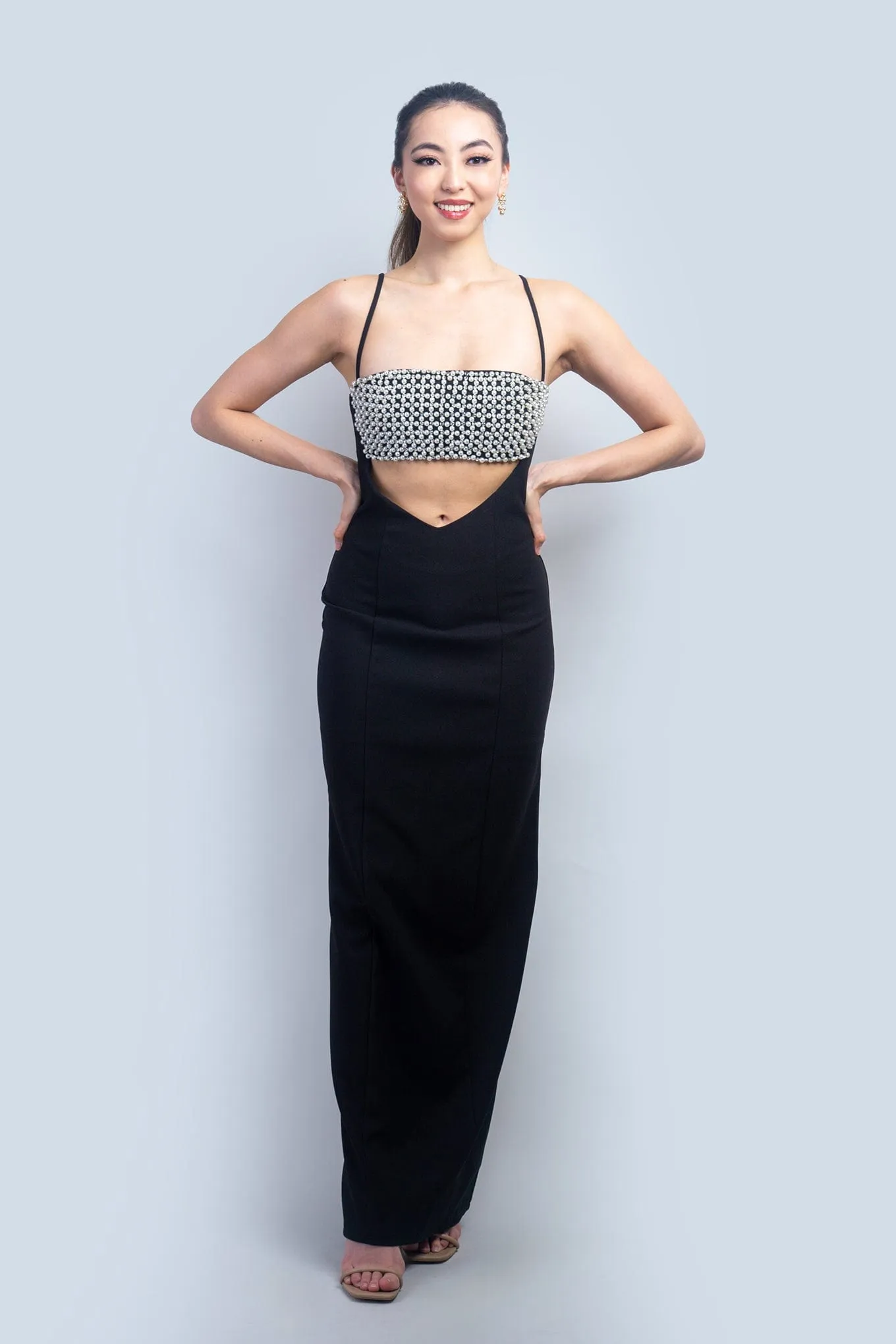 Pearl Rhinestone Bust Cut Out Black Gown