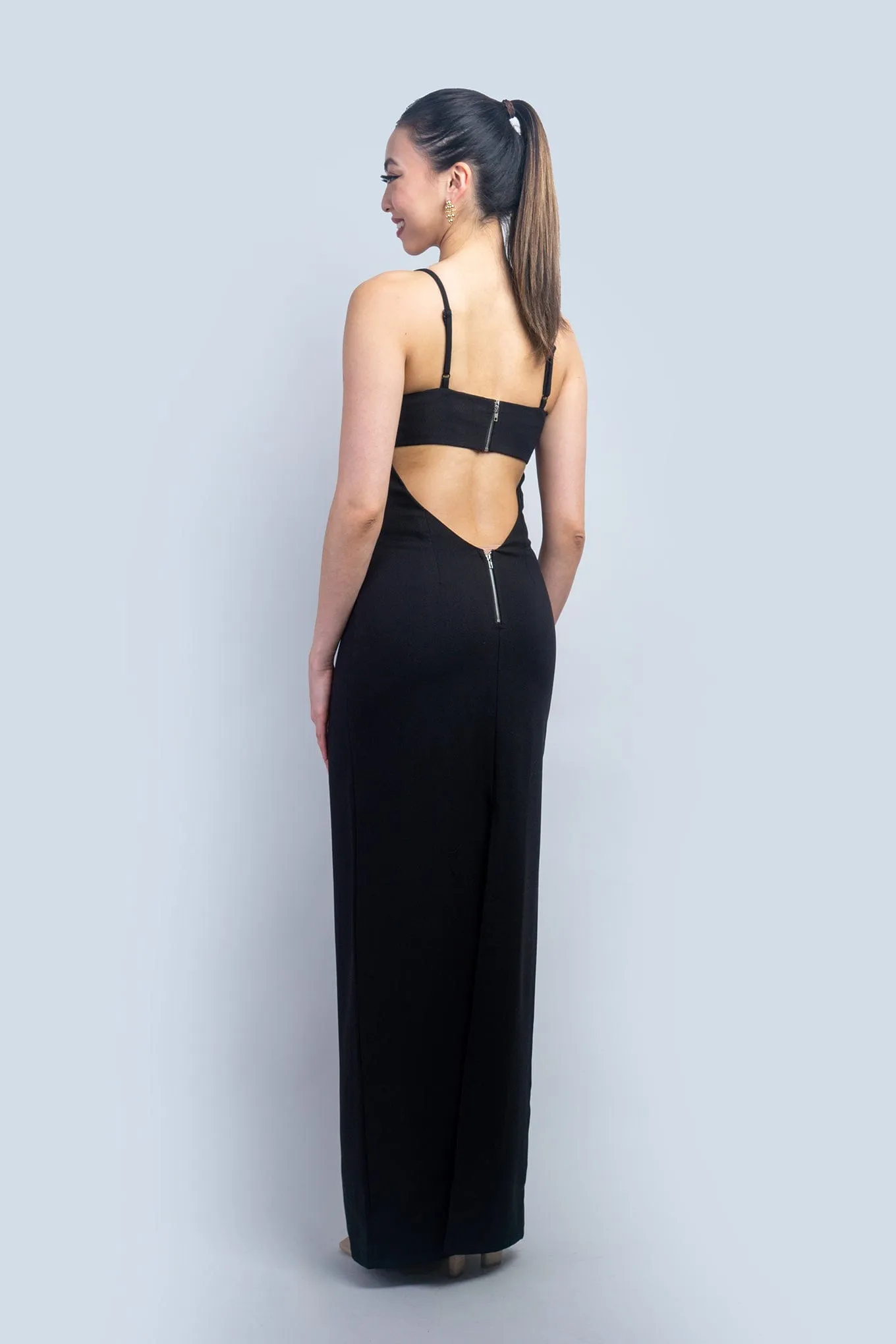 Pearl Rhinestone Bust Cut Out Black Gown