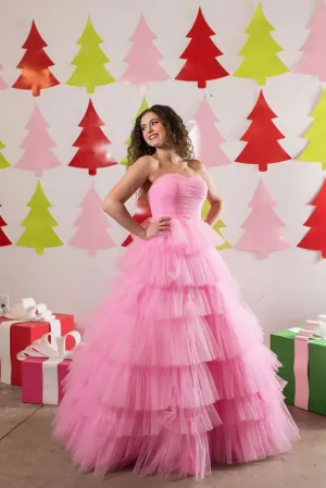 Pink sweetheart tulle long prom dress pink sweet 16 dress
