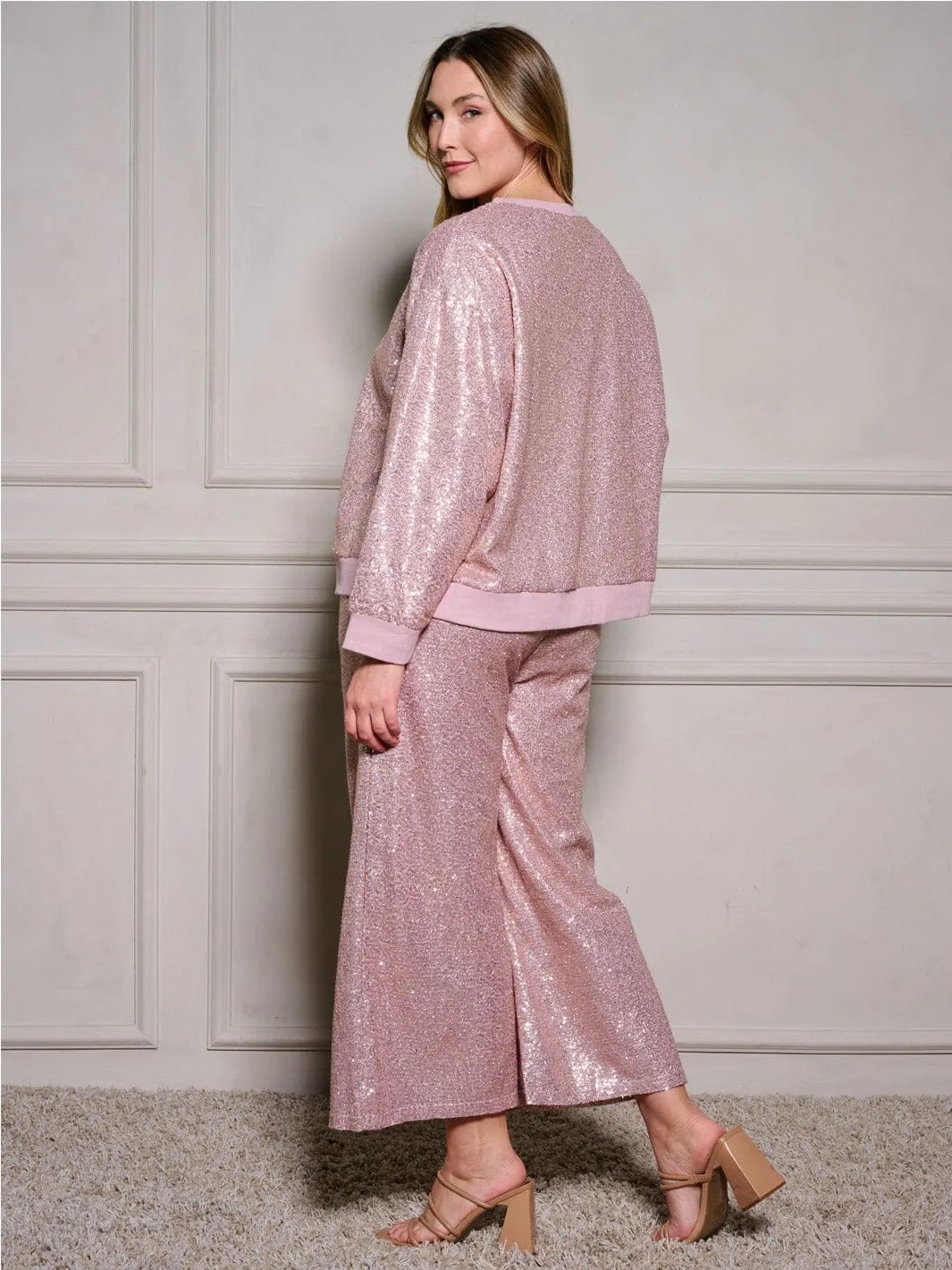 PLUS SIZE ELASTIC WAIST POCKETS SEQUINS WIDE LEG PANTS