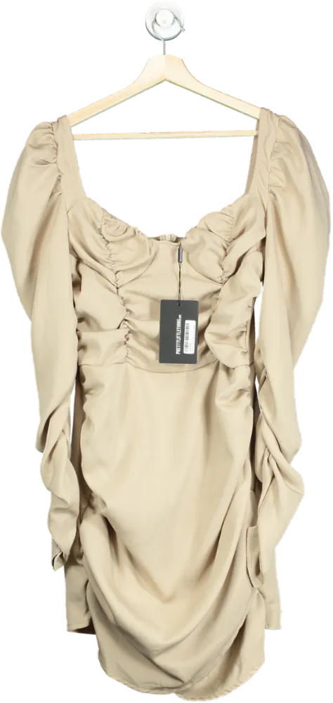 PrettyLittleThing Stone Woven Long Sleeve Ruched Detail Bodycon Dress UK 12