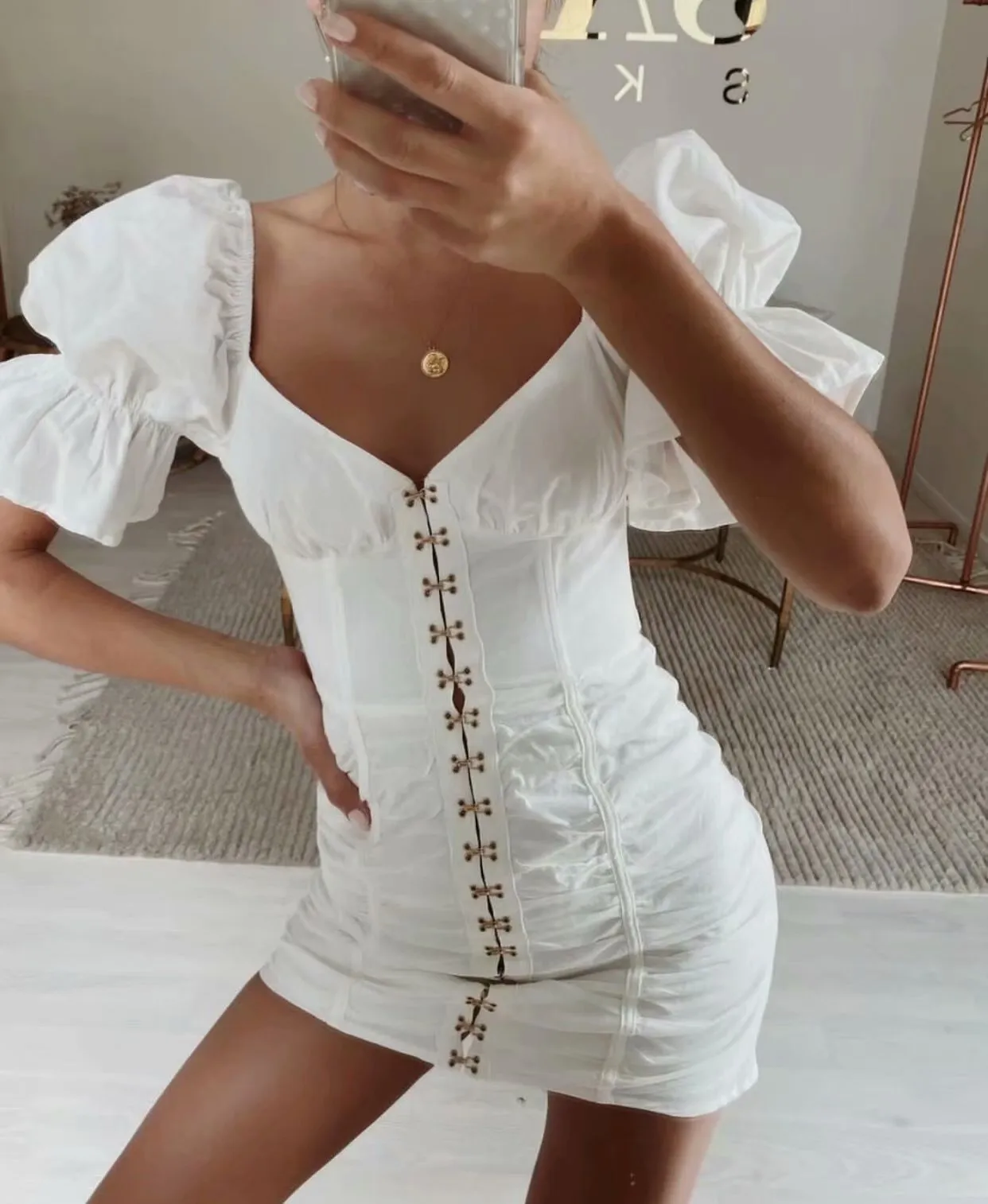 Puff Flared Sleeve Single-breasted Bodycon Party Mini Dresses