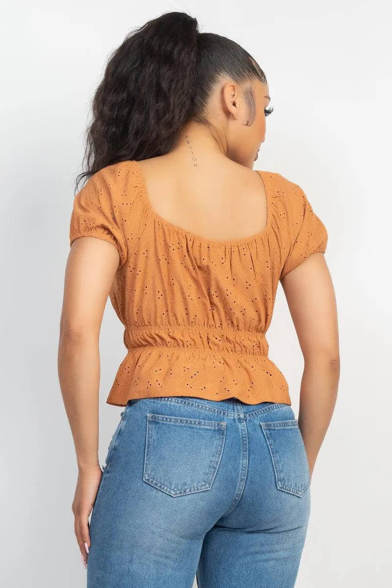 Puff Sleeve Eyelet Peplum Top