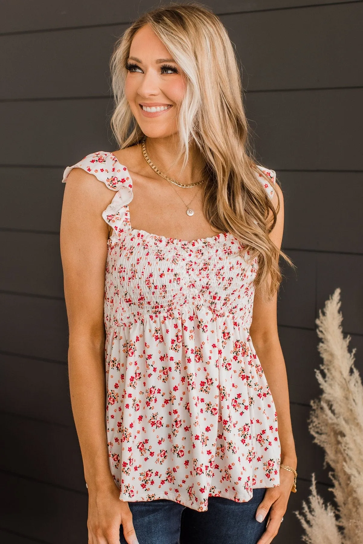 Reach Out To Me Floral Tank Top- Ivory & Red