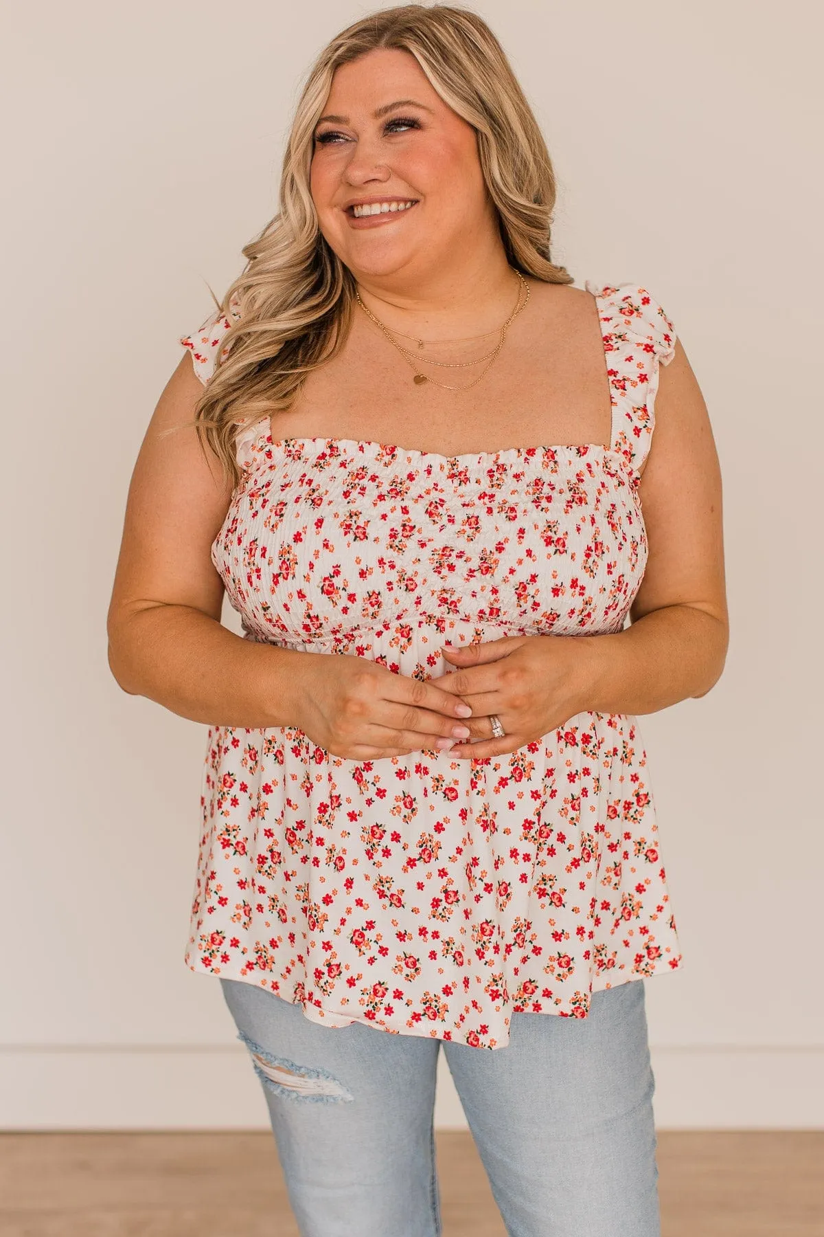 Reach Out To Me Floral Tank Top- Ivory & Red
