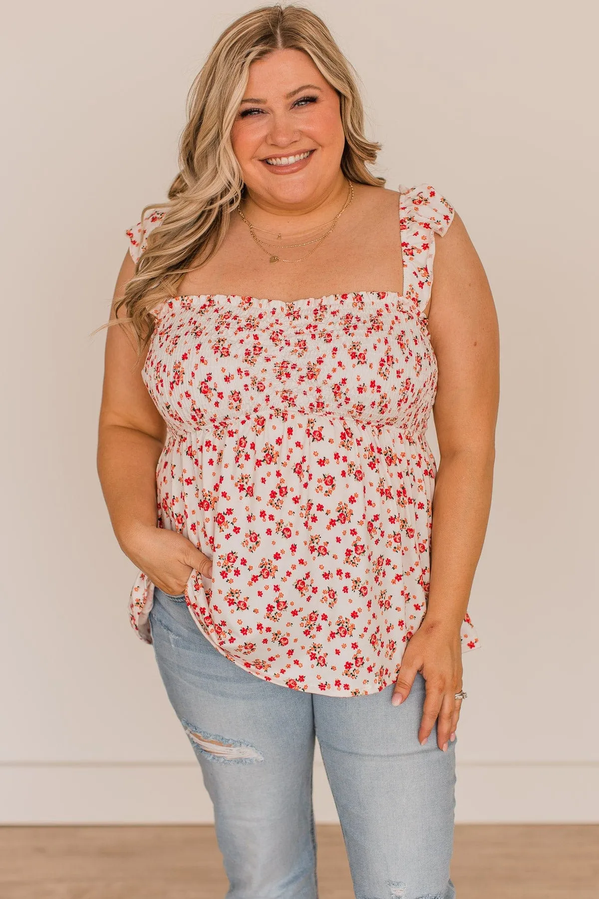 Reach Out To Me Floral Tank Top- Ivory & Red
