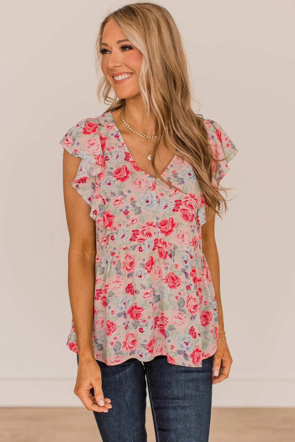 Read My Mind Floral Babydoll Blouse- Pink & Sage