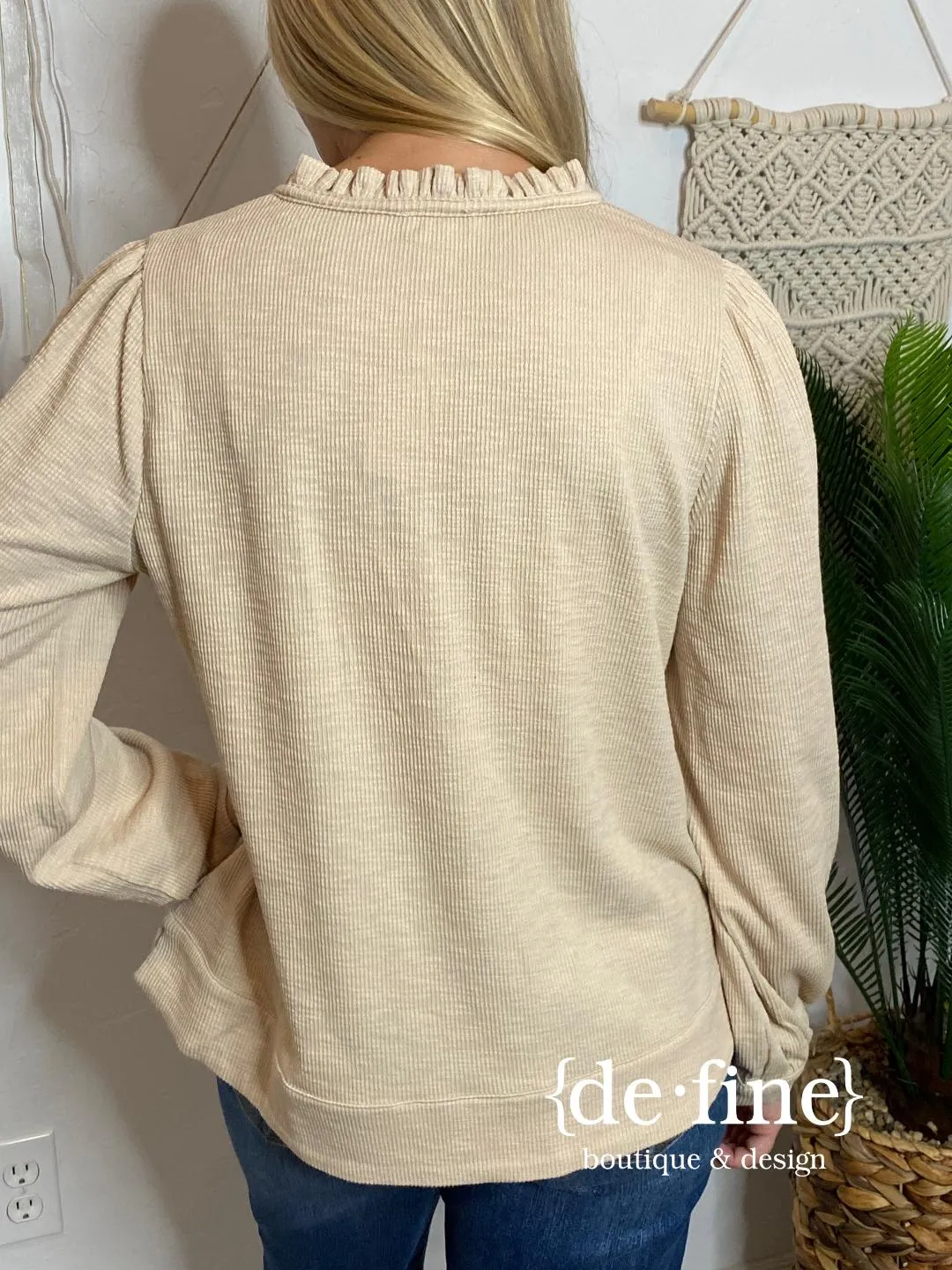 Ribbed Henley with Ruffle Neck in 3 Colors S-XL