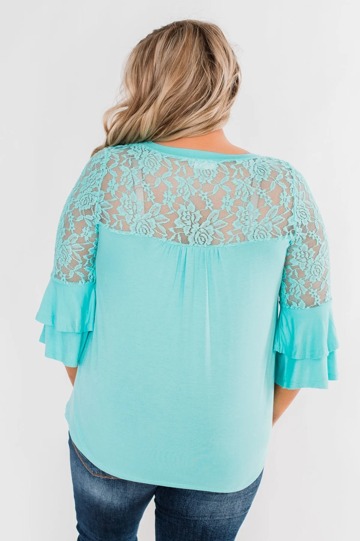 Right Beside Me Lace & Ruffles Top- Aqua