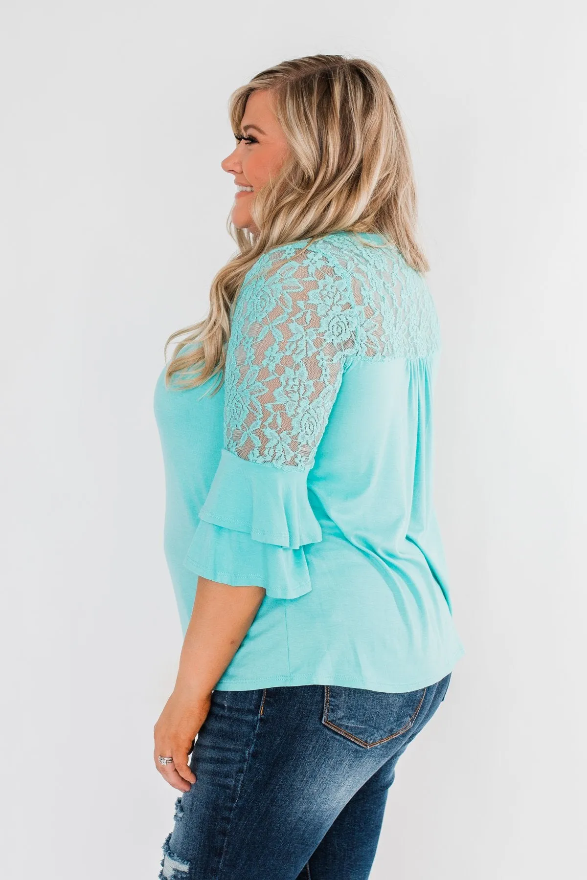 Right Beside Me Lace & Ruffles Top- Aqua