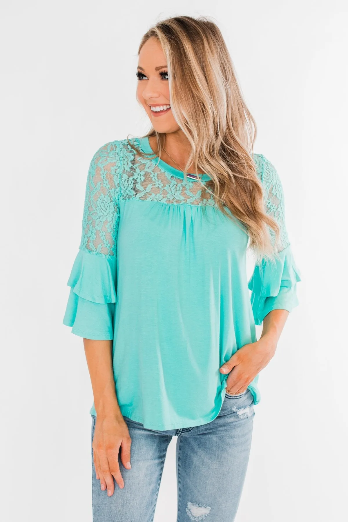 Right Beside Me Lace & Ruffles Top- Aqua