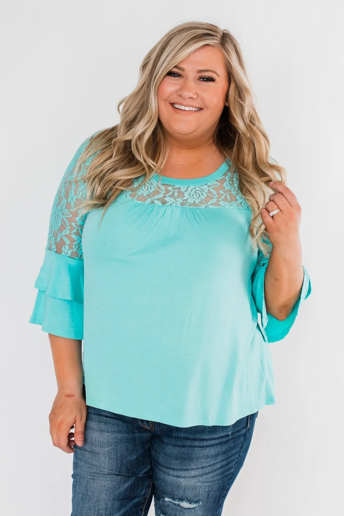 Right Beside Me Lace & Ruffles Top- Aqua