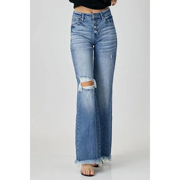 💥Risen Mid-Rise Button Down Wide Leg Jeans