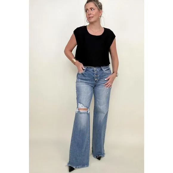 💥Risen Mid-Rise Button Down Wide Leg Jeans