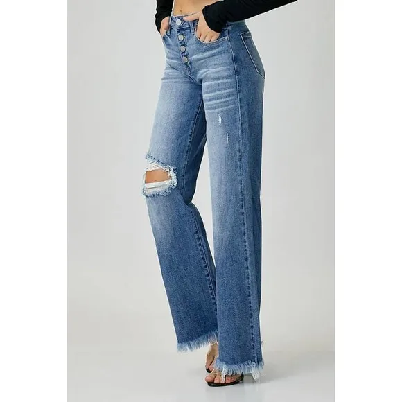 💥Risen Mid-Rise Button Down Wide Leg Jeans
