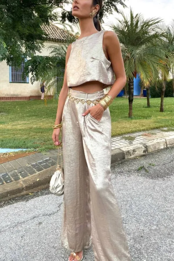 Rita Metallic Fabric Back Buttons Crop Tank and Elastic Waist Pocketed Wide Leg Pants Set