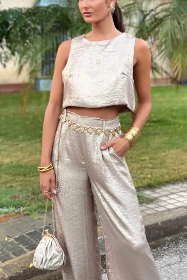 Rita Metallic Fabric Back Buttons Crop Tank and Elastic Waist Pocketed Wide Leg Pants Set