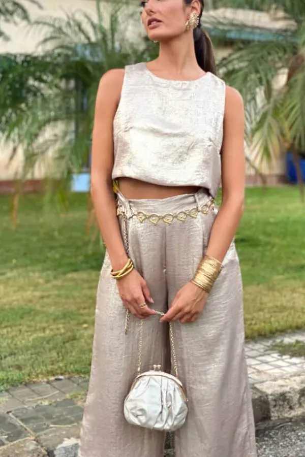 Rita Metallic Fabric Back Buttons Crop Tank and Elastic Waist Pocketed Wide Leg Pants Set