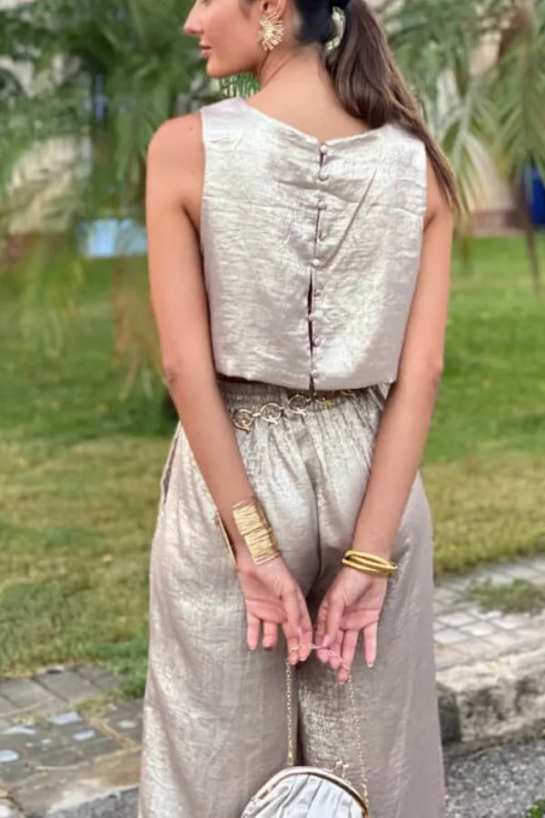Rita Metallic Fabric Back Buttons Crop Tank and Elastic Waist Pocketed Wide Leg Pants Set