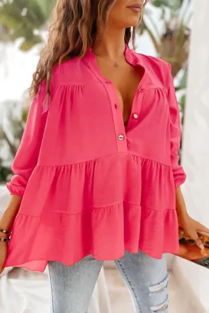 Rose Half Buttoned Ruffle Tiered Long Sleeve Blouse