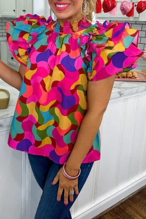 Rose Red Dramatic Ruffle Sleeve Smock Neck Wavy Print Top