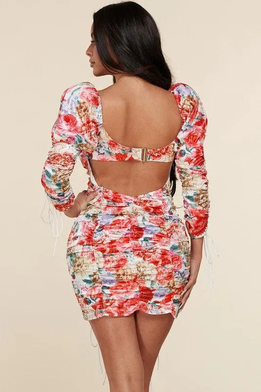 Ruched Spring Garden bodycon floral mini dress