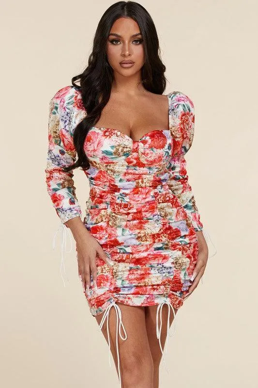Ruched Spring Garden bodycon floral mini dress