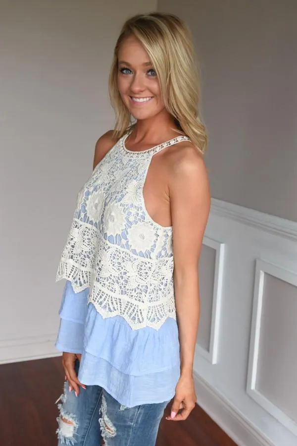Ruffle My Feathers Crochet Tank ~ Blue