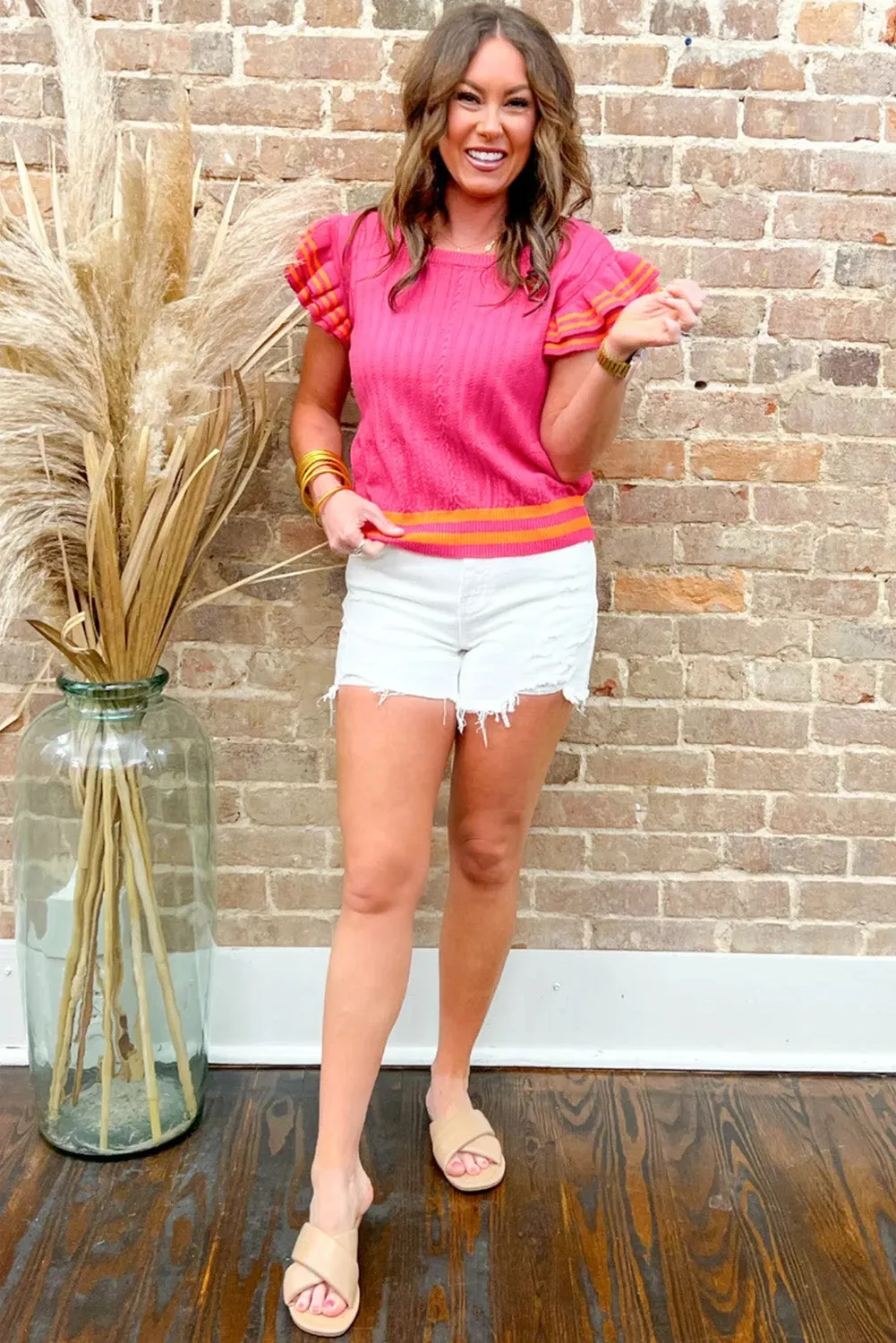Sachet Pink Striped Trim Ruffle Sleeve Summer Sweater Top