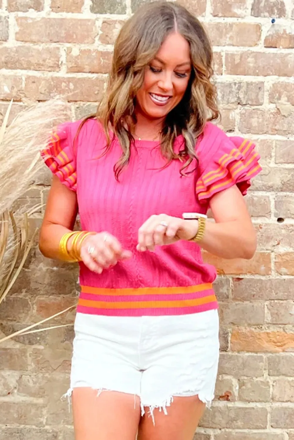 Sachet Pink Striped Trim Ruffle Sleeve Summer Sweater Top