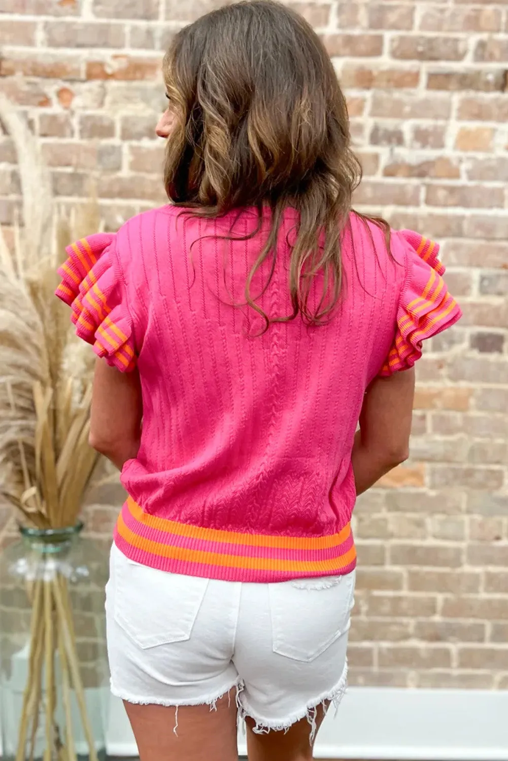 Sachet Pink Striped Trim Ruffle Sleeve Summer Sweater Top