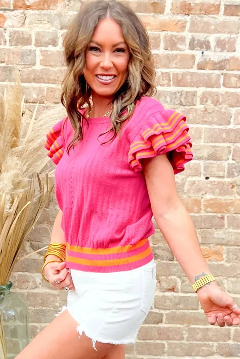 Sachet Pink Striped Trim Ruffle Sleeve Summer Sweater Top
