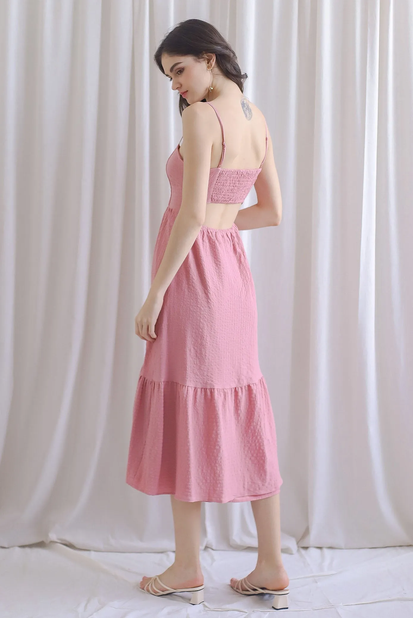 Saletta Spag Pintuck Back Cut Out Dress In Rose Pink