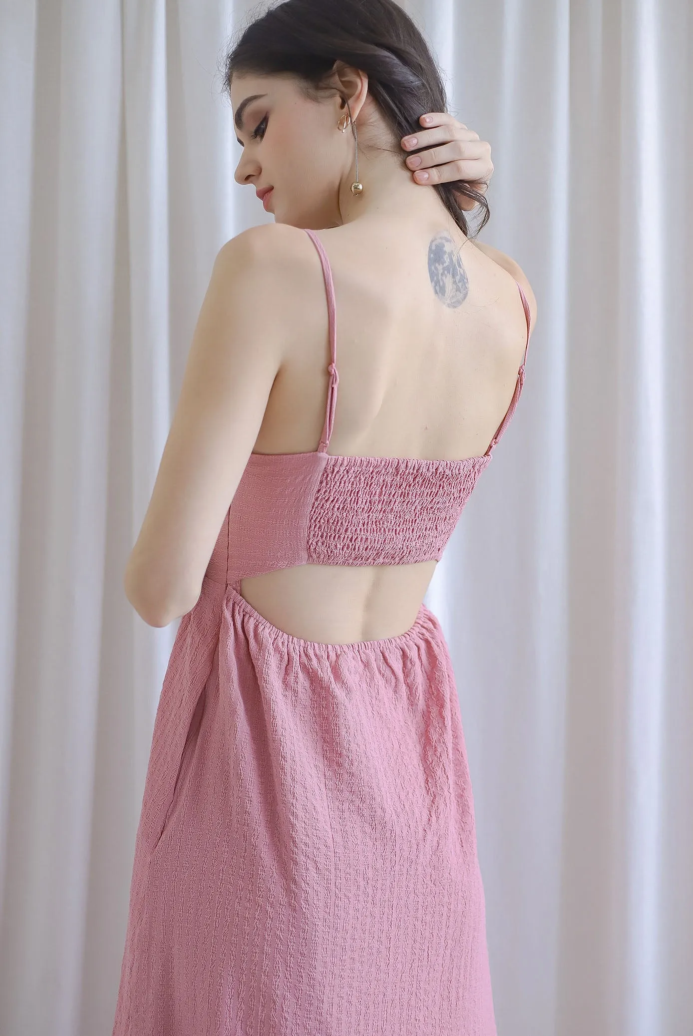 Saletta Spag Pintuck Back Cut Out Dress In Rose Pink