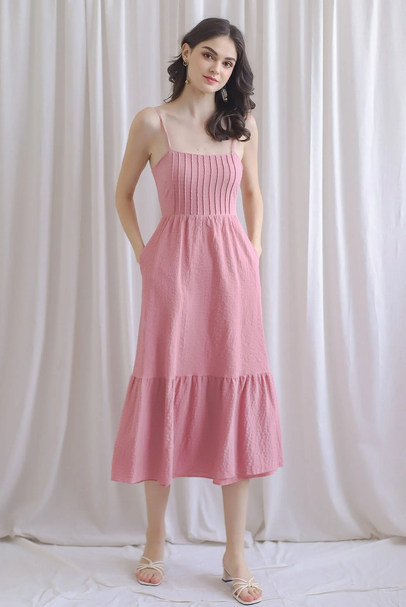 Saletta Spag Pintuck Back Cut Out Dress In Rose Pink