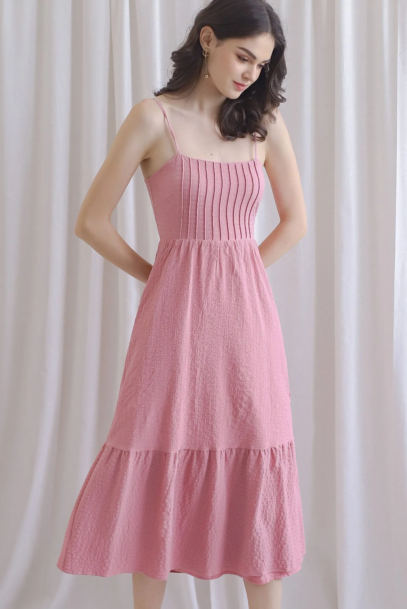 Saletta Spag Pintuck Back Cut Out Dress In Rose Pink