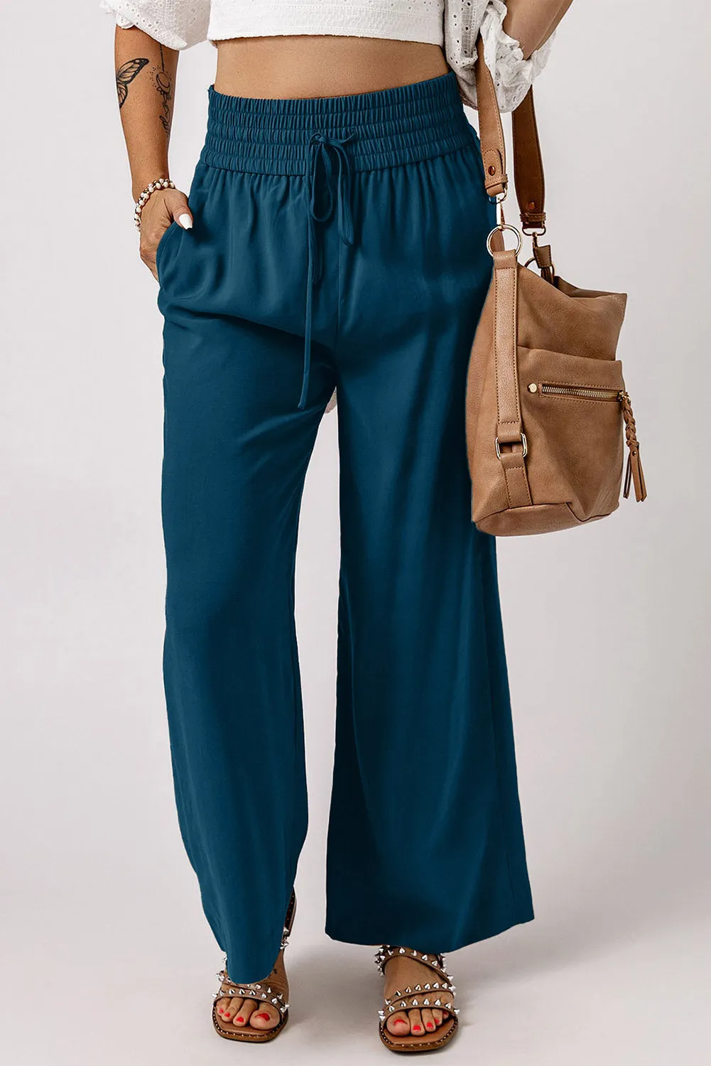 Sassy Smocked Wide Leg Pants- 3 Colors (Black, Tan, Teal)